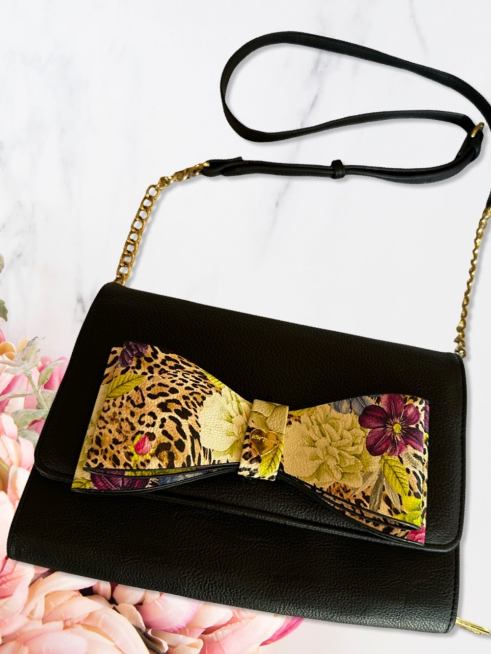 BETSEY JOHNSON Black  Crossbody Bag with Floral Leopard Bow and Gold Chain Strap